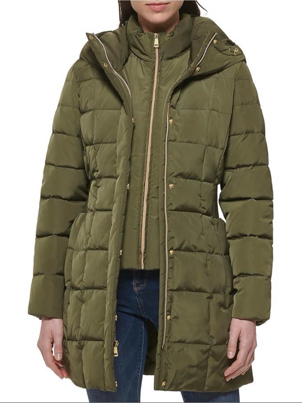 Cole Haan Signature Long Down Puffer Coat Olive Green Hooded XL